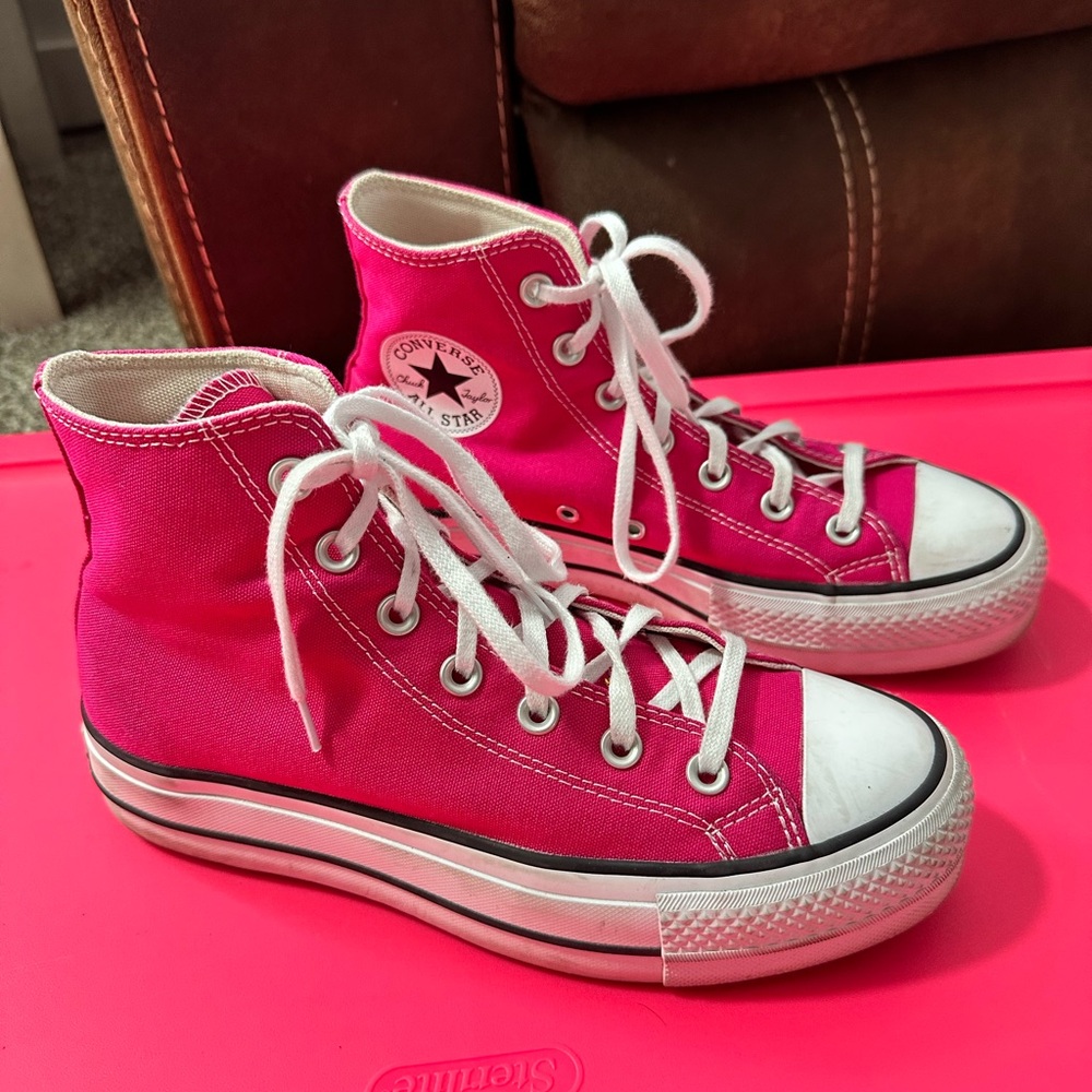 Pink high top platform converse